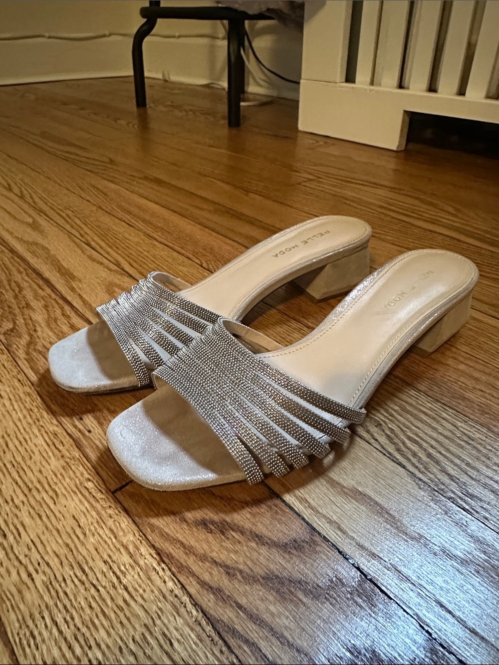 Embellished Silver Block Heel Mules - Women's